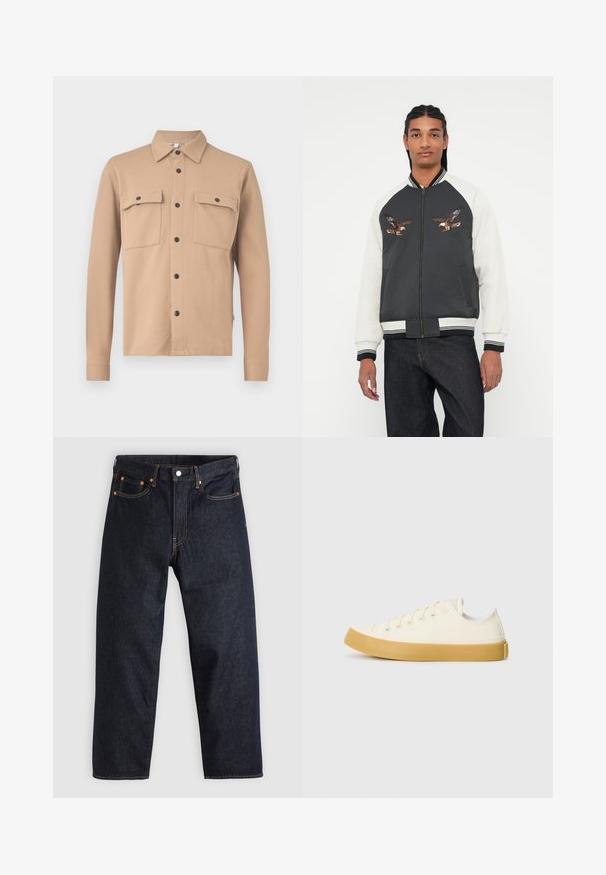Bomber tipo striukė su tamsiai pilku korpusu, baltais rankovėmis ir siuvinėtais erelio dizainais. Grynai raštuoti rankogaliai ir juosmuo, užtrauktukas ir šoninės kišenės.; Šviesiai kreminės spalvos marškiniai švarkas, pagamintas iš tekstūruoto audinio, su smailiu apykakle, ilgomis rankovėmis, dviem krūtinės kišenėmis ir juodais užsegimais.; Kreminė medvilninė marškinėliai su apvalia iškirpte ir trumpomis rankovėmis. Ant krūtinės yra subtilus „Levi's“ logotipas tos pačios spalvos. Minkšta tekstūra.; Tamsiai mėlynos džinsinės kelnės su tiesiu kirpimu, penkiomis kišenėmis, kontrastingomis oranžinėmis siūlėmis ir mygtukų užtrauktuku. Nėra matomų raštų ar papuošimų.; Oficio drobės sneakeriai baltai kreminės spalvos, su apvaliu galiuku, su smėlio spalvos guminiais padais ir penkiomis skylėmis raištams, turintys tekstūruotą viršutinę dalį.