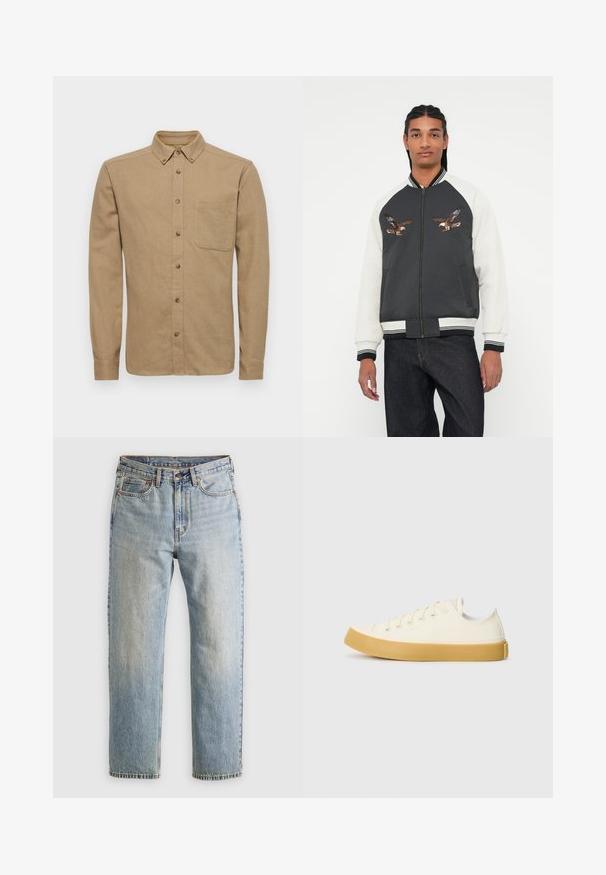 Spidola ar tumši pelēku korpusu, baltām piedurknēm un izšūtiem ērgļa dizainiem. Ribotas aproces un josta, ar rāvējslēdzēju un sānu kabatām.; Only & Sons ONSGUDMUND SOLID - Krekls - chinchilla; Bežs kokvilnas T-krekls ar apaļu apkakli un īsām piedurknēm. Priekšpusē ir smalka "Levi's" logo tajā pašā krāsā. Mīksta tekstūra.; Gai zila denima bikses ar augstu jostasvietu, priekšējo pogu, rāvējslēdzēju un piecu kabatu dizainu, izlīdzinātas uz neitrāla fona.; Kanvasas tenisa apavi ofē un balta krāsā ar apaļu purngali, ar beicu gumijas zole un piecām acīm šņorēšanai, teksturēta virsma augšdaļā.