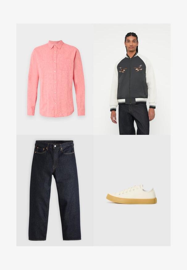 Geacă bomber cu un corp gri închis, mâneci albe și desene brodate cu vultur. Manșete și talie ribbate, închidere cu fermoar și buzunare laterale.; Cămașă cu mâneci lungi din in roz deschis, cu închidere cu nasturi, un buzunar pe piept și guler clasic. Textură moale și croială lejeră.; Tricou din bumbac bej cu guler rotund și mâneci scurte. Prezintă un logo discret "Levi's" în aceeași culoare pe piept. Textură moale.; Jeans de denim albastru închis, cu croială dreaptă, cinci buzunare, cusături contrastante de portocaliu și fermoar cu buton. Fără modele sau embellishments vizibile.; Tenisi din pânză de culoare albă murdară, cu vârf rotund, dotati cu talpă din cauciuc bej și cinci găuri pentru șireturi, cu un finisaj texturat pe partea superioară.