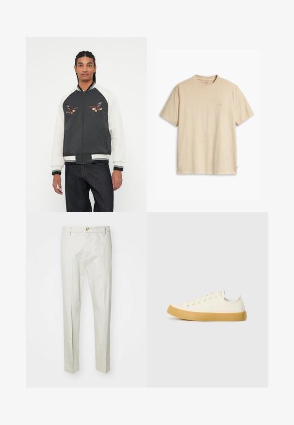 Bomberjakke med en mørkegrå krop, hvide ærmer og broderede ørner. Ribbet manchetter og talje, lynlås lukning og sidelommer.; Beige bomulds t-shirt med rund hals og korte ærmer. Har et subtilt "Levi's" logo i samme farve på brystet. Blød tekstur.; Lys beige bukser lavet af blødt, tekstureret stof. Har knaplukning, bæltestropper og lige ben. Ren, skræddersyet design.; Læder sneakers i off-white med rund tå, der har beige gummisåler og fem øjer til snørebånd, struktureret finish på overdelen.