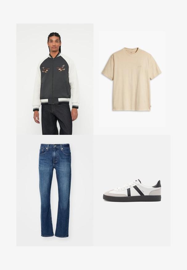 Geacă bomber cu un corp gri închis, mâneci albe și desene brodate cu vultur. Manșete și talie ribbate, închidere cu fermoar și buzunare laterale.; Tricou din bumbac bej cu guler rotund și mâneci scurte. Prezintă un logo discret "Levi's" în aceeași culoare pe piept. Textură moale.; Levi's® 502™ TAPER - Blugi conici - records on; Sneaker alb cu accente negre și gri, având un capac de vârf gri texturat, talpă din cauciuc negru și șireturi plate albe. Design elegant, stil minimalist.