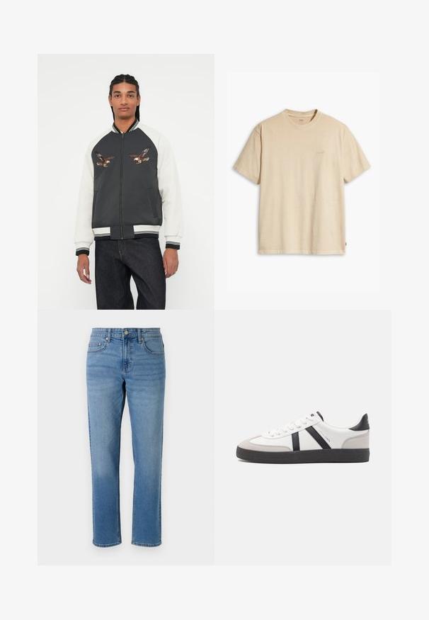 Bomber-jakk, millel on tumehall kere, valged varrukad ja tikitud kotka disain. Ribitud mansetid ja vöökoht, tõmblukk ning küljetaskud.; Beige puuvillane T-särk ümmarguse kaeluse ja lühikeste varrukatega. Rinnal on peene "Levi's" logo samas värvis. Pehme tekstuur.; Heledad sinine denimist püksid, sirge lõikega, viie tasku disain, nupuga kinnitamine ja kontrastõmblus õmbluste ääres.; Valged tossud mustade ja hallide aktsentidega, tekstureeritud halli varbakattega, musta kummitald ja lamedad valged paelad. Puhtad jooned, minimalistlik stiil.