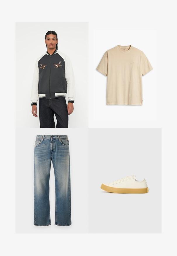 Bomber-jakk, millel on tumehall kere, valged varrukad ja tikitud kotka disain. Ribitud mansetid ja vöökoht, tõmblukk ning küljetaskud.; Beige puuvillane T-särk ümmarguse kaeluse ja lühikeste varrukatega. Rinnal on peene "Levi's" logo samas värvis. Pehme tekstuur.; Sinine denimist teksapüksid, millel on mugav lõige ja sirged sääred. Omavad heledama pesu aktsente ja klassikalist viie taskuga disaini koos õmblustega detailidega.; Kangasneakerid kreemjas valges, ümmarguse varbaga, beeži kummitaldaga ja viie silmaga paelte jaoks, tekstuurse viimistlusega ülaserv.