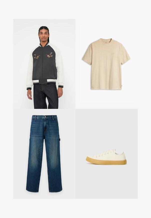 Bomber jacket yang menampilkan badan abu-abu gelap, lengan putih, dan desain burung elang bordir. Ritsleting di bagian depan, cuff dan pinggang bergerigi, serta saku samping.; Beige puuvillane t-särk ümmarguse kaeluse ja lühikeste varrukatega. Rinnal on samas värvitoonis tähelepandamatu "Levi's" logo. Pehme tekstuur.; Valkoiset siniset farkut leveällä lahkeella, joissa on haalistuneet korostukset, perinteinen napitus ja vetoketju, sekä vasemmalla puolella tasku.; Kankava sneakers vaaleassa valkoisessa, pyöreällä varvalla, jossa on beiget kumipohjat ja viisi reikää nauhoille, teksturoitu pinta ylemmässä osassa.
