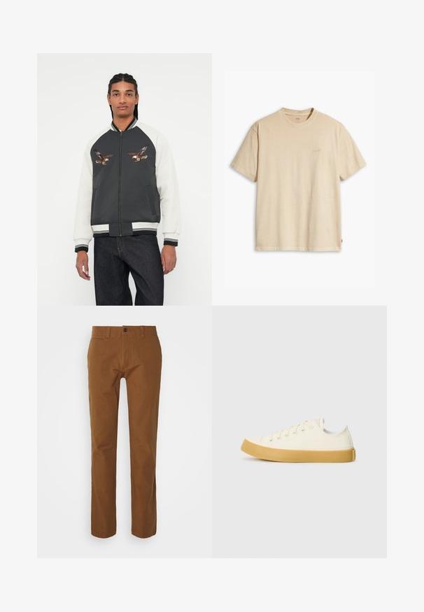 Giacca bomber caratterizzata da un corpo grigio scuro, maniche bianche e design di aquile ricamati. Polsini e vita a costine, chiusura con zip e tasche laterali.; T-shirt in cotone beige con collo rotondo e maniche corte. Presenta un sottile logo "Levi's" dello stesso colore sul petto. Tessuto morbido.; Pantaloni chino marroni con vestibilità slim, frontale piatto, due tasche anteriori e chiusura a un bottone in vita. Realizzati in tessuto leggero.; Sneakers in tela di colore avorio con punta rotonda, dotati di suole in gomma beige e cinque occhielli per i lacci, finitura texturizzata sulla parte superiore.