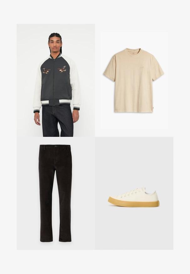 Spidola ar tumši pelēku korpusu, baltām piedurknēm un izšūtiem ērgļa dizainiem. Ribotas aproces un josta, ar rāvējslēdzēju un sānu kabatām.; Bežs kokvilnas T-krekls ar apaļu apkakli un īsām piedurknēm. Priekšpusē ir smalka "Levi's" logo tajā pašā krāsā. Mīksta tekstūra.; Melnas korduroja bikses ar taisnām kājām, kurām ir viens pogas aizdare un smalka tekstūra. Minimalistisks stils bez redzamām rakstām.; Kanvasas tenisa apavi ofē un balta krāsā ar apaļu purngali, ar beicu gumijas zole un piecām acīm šņorēšanai, teksturēta virsma augšdaļā.