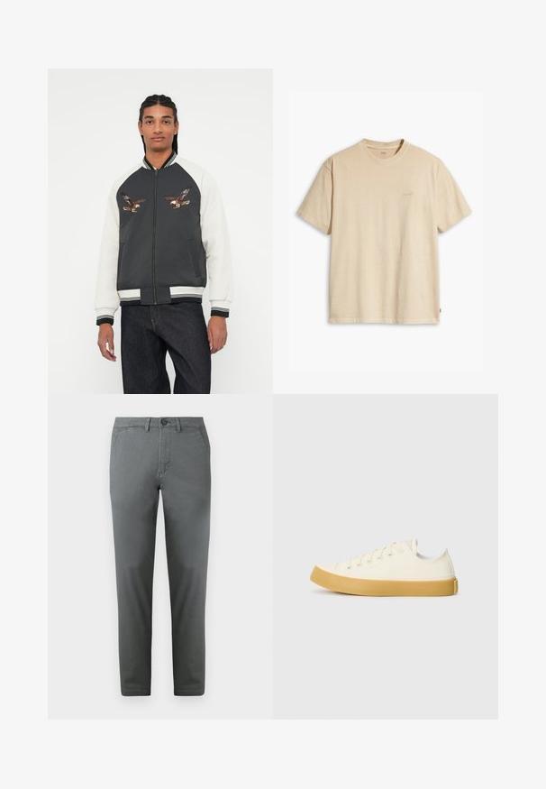 Spidola ar tumši pelēku korpusu, baltām piedurknēm un izšūtiem ērgļa dizainiem. Ribotas aproces un josta, ar rāvējslēdzēju un sānu kabatām.; Bežs kokvilnas T-krekls ar apaļu apkakli un īsām piedurknēm. Priekšpusē ir smalka "Levi's" logo tajā pašā krāsā. Mīksta tekstūra.; Pelēki kokvilnas chinos bikses ar šauru piegriezumu, ar priekšējo pogu aizdari, divām sānu kabatām un gludu tekstūru. Elegants dizains.; Kanvasas tenisa apavi ofē un balta krāsā ar apaļu purngali, ar beicu gumijas zole un piecām acīm šņorēšanai, teksturēta virsma augšdaļā.