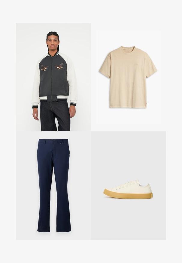 Spidola ar tumši pelēku korpusu, baltām piedurknēm un izšūtiem ērgļa dizainiem. Ribotas aproces un josta, ar rāvējslēdzēju un sānu kabatām.; Bežs kokvilnas T-krekls ar apaļu apkakli un īsām piedurknēm. Priekšpusē ir smalka "Levi's" logo tajā pašā krāsā. Mīksta tekstūra.; Jūras zilie bikses, kas izgatavotas no viegla auduma, ar taisnu kāju dizainu, priekšējām kabatām un pogu aizdari jostas vietā.; Kanvasas tenisa apavi ofē un balta krāsā ar apaļu purngali, ar beicu gumijas zole un piecām acīm šņorēšanai, teksturēta virsma augšdaļā.