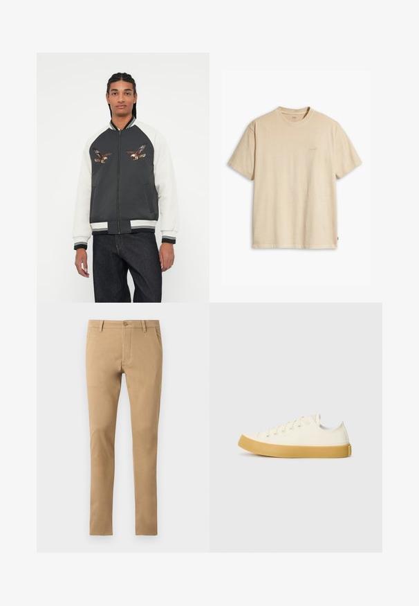 Bomber jacket featuring a dark gray body, white sleeves, and embroidered eagle designs. Ribbed cuffs and waistband, zip closure, and side pockets.; Beige cotton t-shirt with a round neck and short sleeves. Features a subtle "Levi's" logo in the same color on the chest. Soft texture.; Slim-fit beige chinos with button closure, front pockets, and a smooth texture. Plain design, tapered legs, and clean hem.; Canvas sneakers in off-white with a round toe, featuring beige rubber soles and five eyelets for laces, textured finish on the upper.
