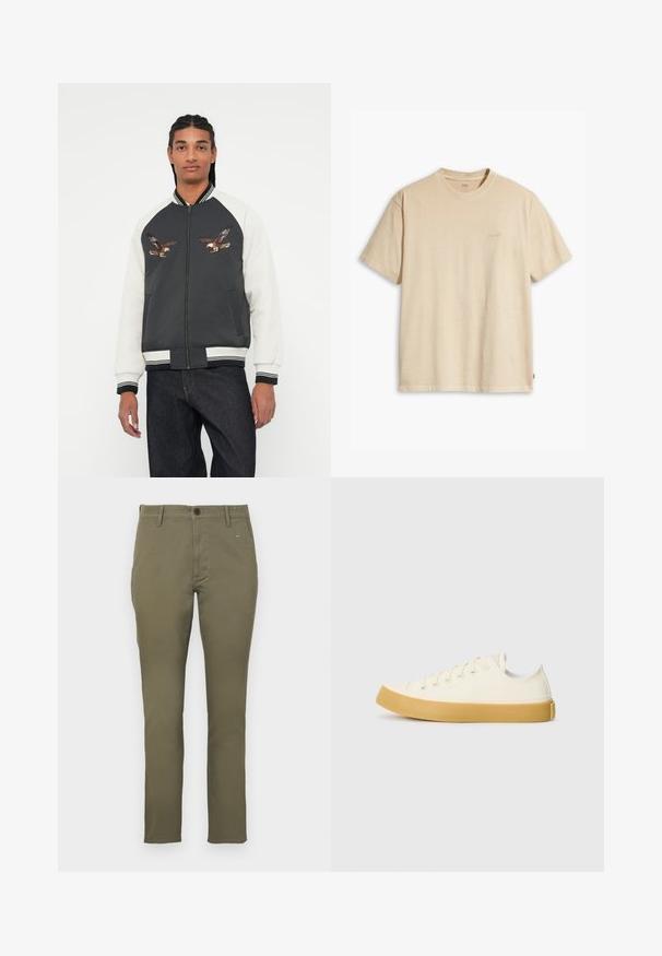 Kurtka bomber w ciemnoszarym korpusie, białych rękawach i haftowanymi wzorami orła. Żebrowane mankiety i pas, zamek błyskawiczny oraz kieszenie boczne.; Beżowa bawełniana koszulka z okrągłym dekoltem i krótkimi rękawami. Ma subtelne logo "Levi's" w tym samym kolorze na piersi. Miękka w dotyku.; Oliwkowe, dopasowane chinosy wykonane z bawełny o gładkiej strukturze. Posiadają zapięcie na guzik oraz cztery kieszenie. Prosty, minimalistyczny design.; Płócienne sneakersy w odcieniu ecru z okrągłym noskiem, charakteryzujące się beżowymi gumowymi podeszwami i pięcioma otworami na sznurówki, z teksturowanym wykończeniem cholewy.