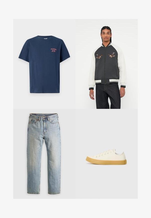 Spidola ar tumši pelēku korpusu, baltām piedurknēm un izšūtiem ērgļa dizainiem. Ribotas aproces un josta, ar rāvējslēdzēju un sānu kabatām.; Kara zila kokvilnas T krekls ar apaļu kaklu, īsām piedurknēm un mazu sarkanu grafiku kreisajā krūtī ar tekstu "PAR DZĪVES JĀŠANU EST. 1947."; Gai zila denima bikses ar augstu jostasvietu, priekšējo pogu, rāvējslēdzēju un piecu kabatu dizainu, izlīdzinātas uz neitrāla fona.; Kanvasas tenisa apavi ofē un balta krāsā ar apaļu purngali, ar beicu gumijas zole un piecām acīm šņorēšanai, teksturēta virsma augšdaļā.