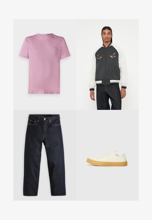 Bomberjakke med en mørkegrå kropp, hvite ermer og broderte ørn-design. Ribbestrikkede mansjetter og linning, glidelås og sidelommer.; Rosa bomull t-skjorte med rund hals, korte ermer og glatt tekstur. Enkel, udekorerte design uten logoer eller mønstre.; Mørkeblå denimjeans med rett snitt, fem lommer, kontrasterende oransjefarget søm, og glidelås med knapp. Ingen synlige mønster eller dekorasjoner.; Canvas sneakers i off-white med rund tå, med beige gummisåler og fem hull for lisser, strukturert finish på overdelen.