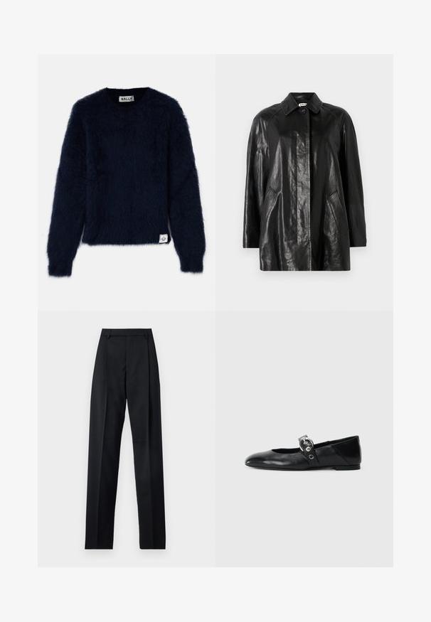 Schwarze Lederjacke mit Kragen, Verschluss mit vorderem Knopf, zwei Seitentaschen und lässiger Passform. Glatte Textur und minimalistisches Design.; Marineblauer Pullover mit flauschiger Textur, rundem Ausschnitt und langen Ärmeln. Verfügt über ein Etikett in der unteren linken Ecke.; Schwarze Hosen aus glattem Stoff mit hoher Taille, weitem Bein, vorderen Falten und klassischen Gürtelschlaufen. Keine sichtbaren Seitentaschen.; Schwarze Ballettflat mit spitzer Spitze, ausgestattet mit einem Riemen und einer runden, metallischen Schnalle sowie einer flachen Sohle.