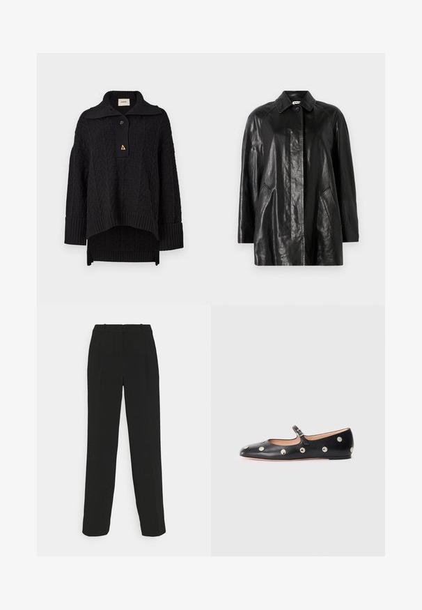 Czarna skórzana kurtka z kołnierzykiem, z przodu zapinana na guziki, z dwiema bocznymi kieszeniami i luźnym krojem. Gładka tekstura i minimalistyczny design.; Czarny sweter dzianinowy z teksturowanym wzorem, wysoki kołnierz i zapięcie na guziki. Ściągacze w rękawach i u dołu, z trójkątnym złotym akcentem.; Czarne spodnie o dopasowanym kroju z prostymi nogawkami, z wysokim stanem, fałdami i gładką fakturą materiału.; Czarne skórzane buty typu Mary Jane na płaskim obcasie z zaokrąglonym czubkiem, ozdobione srebrnymi okrągłymi ćwiekami oraz regulowanym paskiem z klamrą.