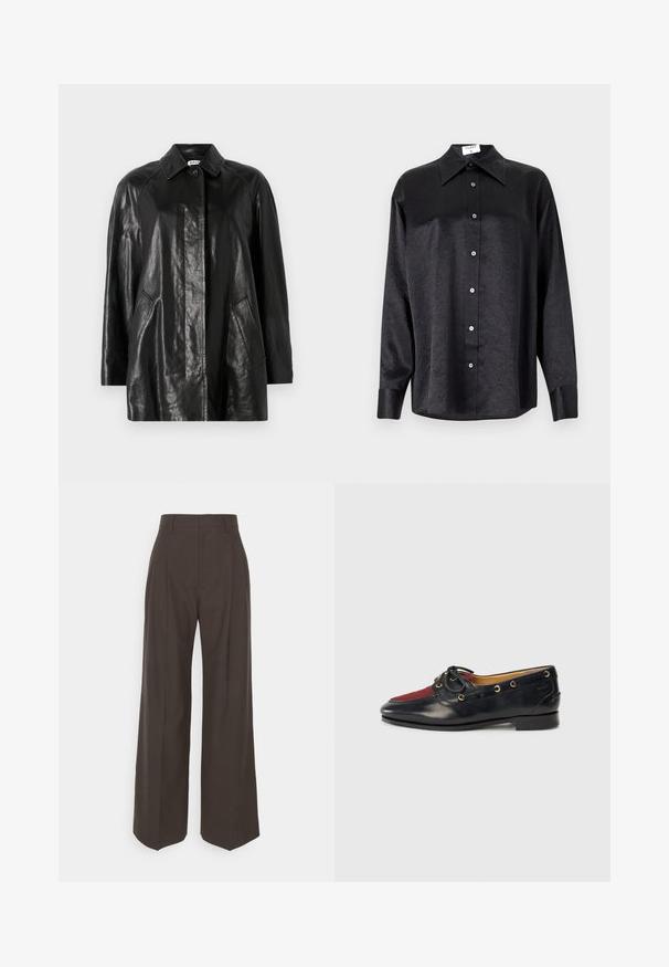 Fekete bőrdzseki, állógallérral, elől gombos záródással, két oldalsó zsebbel és laza szabással. Simább textúra és minimalista dizájn.; Fekete, hosszú ujjú ing, galléros nyakkal, gyűrött textúrával, teljes gombos elejével és mandzsettákkal. Simaságú anyagból készült.; Sötétbarna, bő szárú nadrág magas derékkal, tisztán vasalt redőkkel, sima textúrával és testhez simuló fazonnal.; Fekete bőr csónakcipő piros velúr orral, arany fűzőlyukakkal és dekoratív masnival. Simább textúrájú, alacsony blokk sarkú.