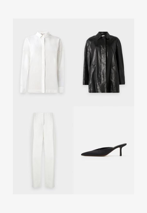 Black leather jacket with a collared neckline, front button closure, two side pockets, and a relaxed fit. Smooth texture and minimalist design.; White long-sleeve shirt with a buttoned collar, smooth texture, straight cut, and hidden placket. Soft, lightweight fabric with no patterns.; Paul Smith Trousers - white; Black pointed-toe mule with a sleek design, made of smooth fabric, featuring a slender heel and open back for easy wear.