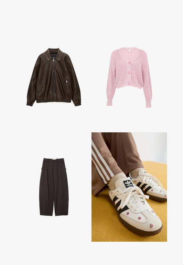Braune Lederbomberjacke mit kragenartigem Hals, zwei Reißverschlusstaschen, elastischem Bund und strukturiertem Finish. Weiches, lässiges Design.; Rosa, verkürzter Cardigan mit V-Ausschnitt, langen Ärmeln und strukturiertem Strickmuster, ausgestattet mit vier vorderen Knöpfen und gerippten Bündchen.; Zwei langärmelige Rollkragenoberteile, eines weiß und eines schwarz, aus einem glatten, dehnbaren Stoff, beide mit schmalem Schnitt und hohem Kragen.; Schwarze weit geschnittene Hosen aus einem glatten Stoff, mit hoher Taille, Frontfalten und Seitentaschen. Schlichtes Design ohne Verzierungen.; Weiße Leder-Sneaker mit drei schwarzen Streifen und floralem Stickereien in Lila und Gelb. Braune Gummisohle. Kombiniert mit beigen gerippten Socken.