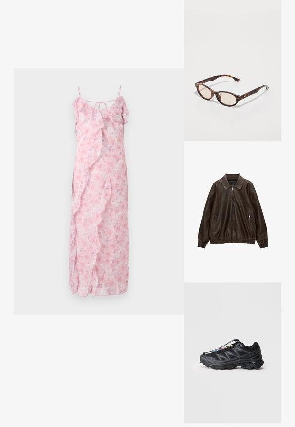 Hnedá kožená bombera s golierom, dvoma zipsovými vreckami, elastickým pásom a textúrovaným povrchom. Mäkký, ležérny dizajn.; Svetloružové kvetinové maxi šaty s tenkými ramienkami, volánovými detailmi pozdĺž výstrihu a strán, ľahký materiál, splývavý strih.; Čierna atletická obuv s textúrovaným sieťovinovým zvrškom, vystuženou špičkou a rýchlozaviazaním. Obsahuje robustnú podrážku a mierne zdvihnutú pätu.; Kocúrkové slnečné okuliare s guľatým tvarom a svetlými sklami. Majú robustné ramená s malými zlatými akcentmi, vyrobené z plastového materiálu.
