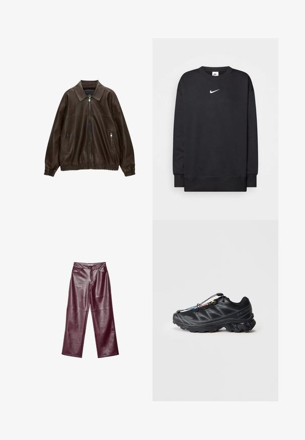 Brązowa skórzana kurtka pilotka z kołnierzowym dekoltem, dwoma zapinanymi na zamek kieszeniami, elastycznym pasem i teksturowanym wykończeniem. Miękki, swobodny design.; Czarny sweatshirt z okrągłym dekoltem, długimi rękawami i białym logo Nike umieszczonym na środku klatki piersiowej. Wykonany z miękkiego, teksturowanego materiału.; Burgundowe skórzane spodnie w szerokim kroju z gładką fakturą, z zapięciem na zamek, przednimi kieszeniami i dopasowanym krojem.; Czarny but sportowy z teksturowaną górą z siateczki, wzmocnionym czubkiem i systemem szybkiego sznurowania. Posiada wytrzymałą podeszwę zewnętrzną oraz lekkie podniesienie pięty.