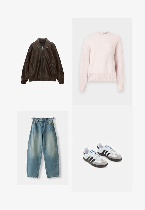 Brązowa skórzana kurtka pilotka z kołnierzowym dekoltem, dwoma zapinanymi na zamek kieszeniami, elastycznym pasem i teksturowanym wykończeniem. Miękki, swobodny design.; Jasnoróżowy sweter z okrągłym dekoltem i prążkowanymi mankietami. Materiał wydaje się miękki i przytulny, idealny na codzienne noszenie.; Jasnoniebieskie dżinsy z wysokim stanem i luźnym krojem. Cechy obejmują zapięcie na guziki, szlufki na pasek oraz boczne kieszenie.; Buty sportowe z białą skórzaną cholewką, szarym zamszowym noskiem i trzema czarnymi paskami. Posiadają niebieskie logo na języku oraz teksturowaną gumową podeszwę.