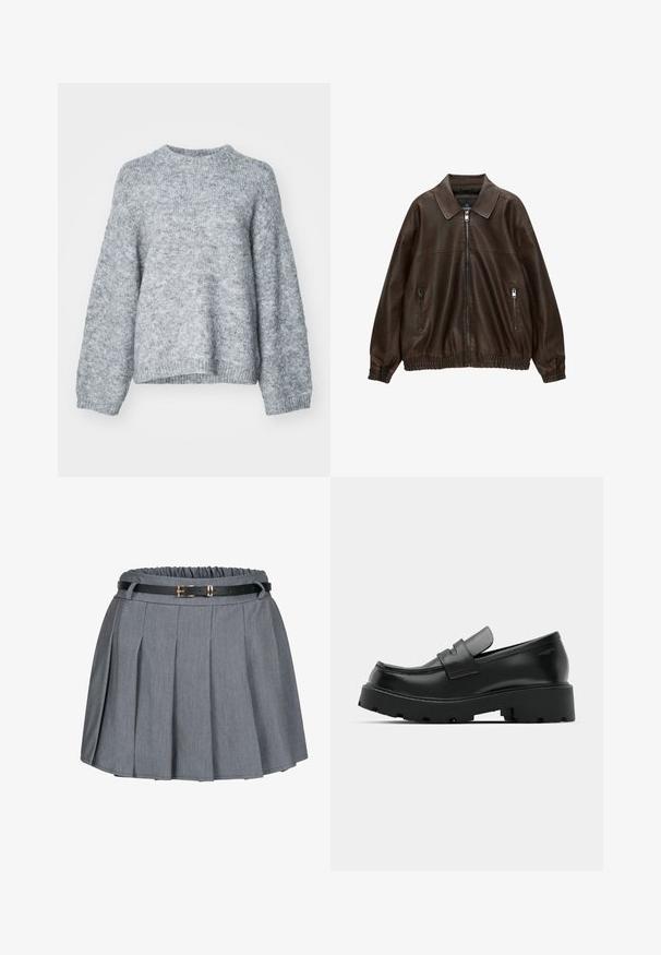 Hnedá kožená bombera s golierom, dvoma zipsovými vreckami, elastickým pásom a textúrovaným povrchom. Mäkký, ležérny dizajn.; Gina Tricot BOXY SWEATER - Svetrík - grey melange; Sivá plisovaná sukňa s nariaseným pásom a čiernym opaskom s akcentom zlatého spony. Mäkká látka s hladkou textúrou.; Čierne kožené mokasíny s hrubou štruktúrovanou podrážkou, so strapcom cez priehlavok a hladkým, lesklým povrchom.