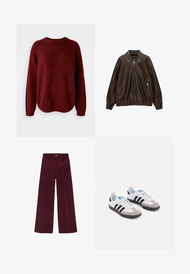 Brown leather bomber jacket with a collared neckline, two zippered pockets, elastic waistband, and textured finish. Soft, casual design.; Red, knitted sweater with a round neckline, long sleeves, and a soft texture. The design features a relaxed fit and drops slightly at the hem.; Burgundy wide-leg pants made of soft cotton blend fabric, featuring a front button closure, two side pockets, and a clean hem.; Sport shoes with a white leather upper, gray suede toe, and three black stripes. Features a blue logo on the tongue and a textured rubber sole.