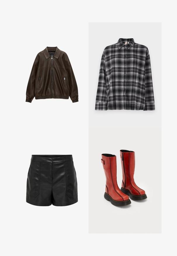 Braune Lederbomberjacke mit kragenartigem Hals, zwei Reißverschlusstaschen, elastischem Bund und strukturiertem Finish. Weiches, lässiges Design.; Schwarz und grau kariertes Hemd mit Knopfverschluss, Kragen, langen Ärmeln und lockerer Passform. Der Stoff scheint weich mit einer leichten Textur zu sein.; Schwarze Leder Shorts mit einer glatten Textur, ausgestattet mit zwei Fronttaschen und einer taillierten Passform. Der Bund ist flach ohne sichtbare Verschlüsse.; Hohe rote Lederstiefel mit schwarzen dicken Sohlen, seitlichen Reißverschlüssen und detaillierten schwarzen Nähten, nebeneinander stehend auf einem weißen Hintergrund.