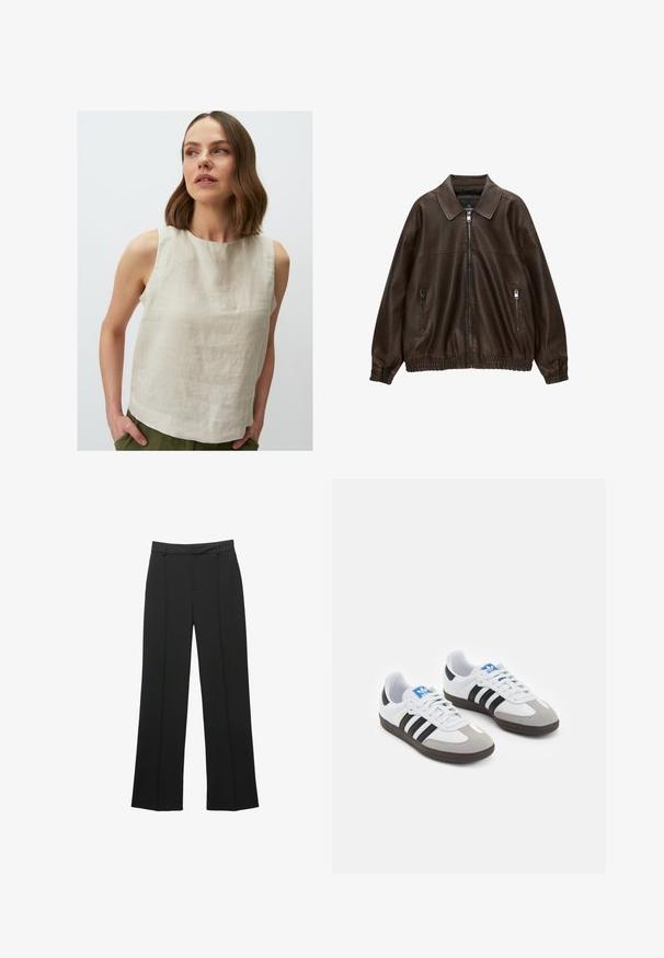 Brown leather bomber jacket with a collared neckline, two zippered pockets, elastic waistband, and textured finish. Soft, casual design.; Jimmy Key ROUND NECK SLEEVELESS - Blouse - taş; Black straight-leg trousers made from a smooth fabric, featuring a flat front, belt loops, and no visible pockets, with a tailored fit.; Sport shoes with a white leather upper, gray suede toe, and three black stripes. Features a blue logo on the tongue and a textured rubber sole.