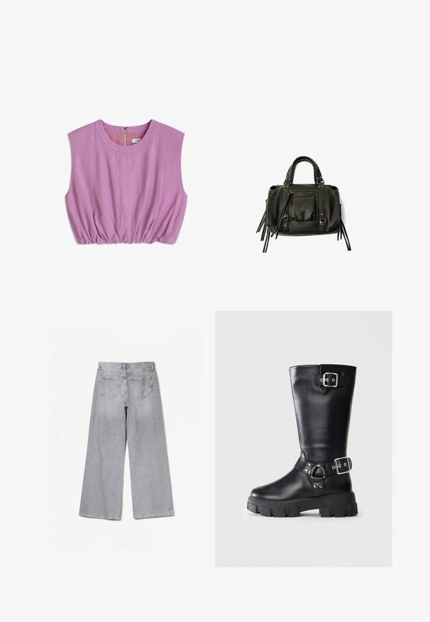 Blouson en cuir marron avec un col, deux poches zippées, une taille élastique et une finition texturée. Design doux et décontracté.; Haut à manches courtes de couleur rose clair avec un col rond et des détails plissés à l'ourlet. Présente une fermeture éclair dans le dos. Texture de tissu douce.; Bershka WIDE-LEG - Wide Leg - grey; Botte en cuir noire mi-mollet avec semelle épaisse à crampons, deux sangles à boucle en argent - une en haut et une autour de la cheville.; Sac à main en cuir noir avec des poignées tressées, une poche zippée et des glands suspendus. Surface texturée avec des clous en métal et des accents en métal.