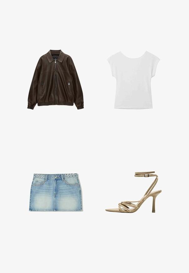 Hnědá kožená bomber bunda s límečkem, dvěma zipovými kapsami, elastickým pasem a texturovaným povrchem. Měkký, ležérní design.; Bílý top s krátkým rukávem a kulatým výstřihem, s volným střihem. Vyrobený z hladké látky, s jemnou texturou a čistými liniemi.; Džínová minisukně ve světle modré barvě, vybavená páskem se cvočky, dvěma předními kapsami a rovnou siluetou s vybledlým vzhledem.; Beige semišové sandály na vysokém podpatku s špičatou špičkou, zkroucenými pásky a nastavitelným páskem kolem kotníku. Texturovaný podpatek s vertikálními žebry.