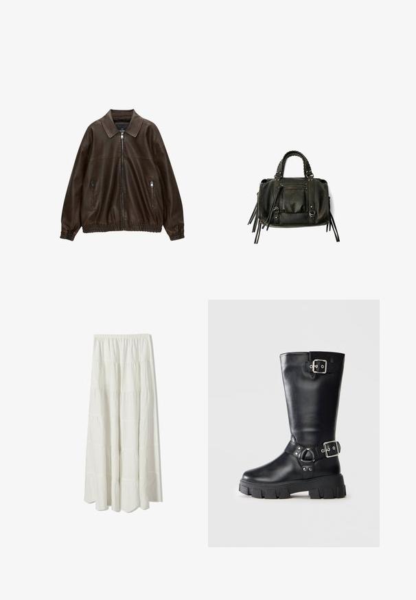 Giubbotto bomber in pelle marrone con collo a camicia, due tasche con zip, vita elastica e finitura testurizzata. Design morbido e casual.; Top bianco a maniche corte con scollatura rotonda e vestibilità comoda. Realizzato in un tessuto liscio, presenta una texture sottile e linee pulite.; Gonna maxi bianca con design a livelli, cintura elastica arricciata, texture morbida e silhouette fluida.; Stivale in pelle nero a metà polpaccio con suola spessa e dentata, dotato di due cinturini con fibbie argentate: uno in alto e uno attorno alla caviglia.; Borsa a tracolla in pelle nera con manici intrecciati, tasca con zip e nappine pendenti. Superficie texturizzata con borchie metalliche e dettagli in metallo.
