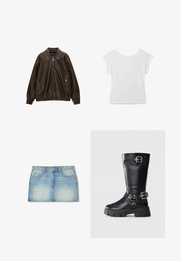 Hnedá kožená bombera s golierom, dvoma zipsovými vreckami, elastickým pásom a textúrovaným povrchom. Mäkký, ležérny dizajn.; Biele tielko s krátkymi rukávmi a okrúhlym výstrihom, vo voľnom strihu. Vyrobené z hladkej tkaniny, s jemnou textúrou a čistými líniami.; Džínová mini sukňa v svetlomodrej farbe, so štýlovým opaskom so cvočkami, dvoma prednými vreckami a rovný strih s vyblednutou textúrou.; Čierne kožené čižmy po lýtka s hrubou podrážkou a dvoma striebornými prackami - jedna na vrchu a jedna okolo členka.