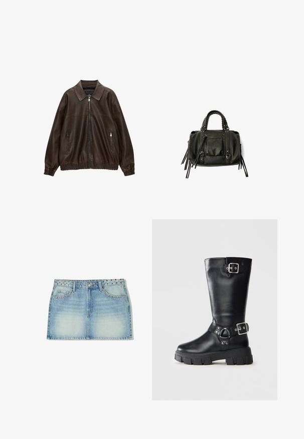 Ruskea nahkainen bomber-takki, jossa on kauluksellinen kaula-aukko, kaksi vetoketjullista taskua, elastinen vyötärö ja tekstuuri viimeistely. Pehmeä, rento muotoilu.; Valkoinen lyhythihainen paita, jossa on pyöreä pääntie ja rento malli. Valmistettu sileästä kankaasta, jossa on hienovarainen rakenne ja siistit linjat.; Vaaleansininen farkku-minihelma, jossa on niittikoristeltu vyötärö, kaksi etutaskua ja suora leikkaus haalistuneella pinnalla.; Mustat nahkaiset saappaat, jotka ulottuvat keskivartalon alueelle, paksulla urasohjalla, kaksilla hopeisilla soljella - yksi ylhäällä ja toinen nilkan ympärillä.; Musta nahkainen käsilaukku letitetuilla kahvoilla, vetoketjullinen tasku ja roikkuvat tupsut. Muotoiltu pinta metallisten niittien ja varusteiden korostuksilla.