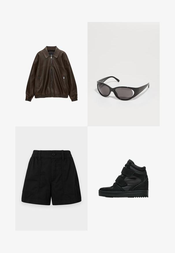 Giubbotto bomber in pelle marrone con collo a camicia, due tasche con zip, vita elastica e finitura testurizzata. Design morbido e casual.; Top bianco a maniche corte con scollatura rotonda e vestibilità comoda. Realizzato in un tessuto liscio, presenta una texture sottile e linee pulite.; Pantaloni shorts neri in cotone con vita elastica e chiusura con bottone, dotati di due tasche anteriori e taglio diritto. Texture liscia.; Sneaker alte nere in suede e rete, dotate di cinturini in velcro, finitura liscia e suola in gomma testurizzata per una migliore aderenza.; Occhiali da sole neri con lenti ovali e un design elegante. Le montature sono lucide e larghe, con un dettaglio tagliato sui lati.; Borsa a tracolla in pelle nera con manici intrecciati, tasca con zip e nappine pendenti. Superficie texturizzata con borchie metalliche e dettagli in metallo.