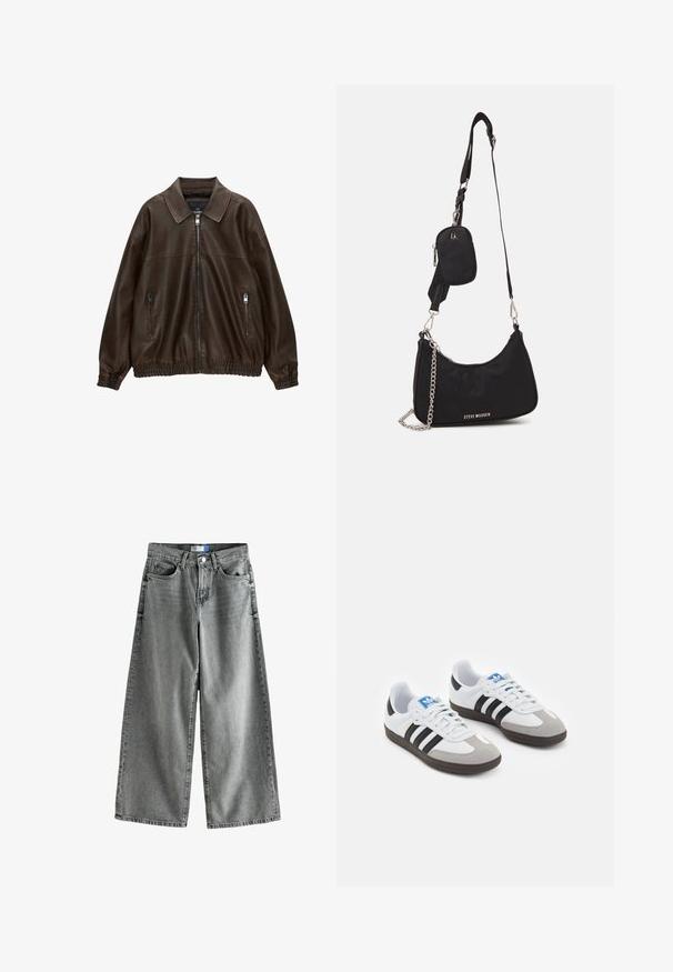Bruin leren bomberjack met een kraag, twee ritssluitingen, elastische tailleband en een gestructureerde afwerking. Zacht, casual ontwerp.; Twee longsleeve tops: één zwart en één wit. Beide hebben een ronde halslijn en een gladde, ribbelige textuur. Merklabelf zichtbaar binnenin de halslijn.; Wijde broekspijpen in vervaagd grijs denim, met een hoge taille, vijf zakken en subtiele slijtage-details.; Sportschoenen met een witte leren bovenkant, grijze suède neus en drie zwarte strepen. Bevat een blauw logo op de tong en een gestructureerde rubberen zool.; Zwarte nylon schoudertas met een gebogen vorm, zilveren kettingaccent, afneembaar mini-zakje en verstelbare schouderband; voorzien van het "Steve Madden" logo.