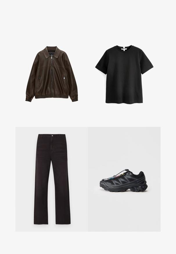Giubbotto bomber in pelle marrone con collo a camicia, due tasche con zip, vita elastica e finitura testurizzata. Design morbido e casual.; T-shirt nera a maniche corte in cotone. Collo a giro con orlo dritto e senza motivi o grafiche visibili. Texture morbida e liscia.; Jeans neri a gamba dritta con passanti per cintura, chiusura con bottone e cuciture visibili, mostrati su uno sfondo bianco.; Scarpa sportiva nera con tomaia in mesh testurizzato, punta rinforzata e sistema di allacciatura rapida. Presenta una suola robusta e una leggera elevazione del tacco.