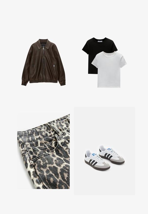 Hnědá kožená bomber bunda s límečkem, dvěma zipovými kapsami, elastickým pasem a texturovaným povrchem. Měkký, ležérní design.; Dvě trička s kulatým výstřihem v černé a bílé barvě, vyrobená z bavlny. Mají krátké rukávy a jednobarevný design bez vzorů nebo akcentů.; Džíny se zvířecím potiskem v béžovo-černém vzoru, vyrobené z denimu s texturovaným povrchem, zdobené stříbrnými doplňky a prošitím.; Sportovní boty s bílým koženým svrškem, šedou semišovou špičkou a třemi černými pruhy. Obsahují modré logo na jazyku a texturovanou gumovou podrážku.