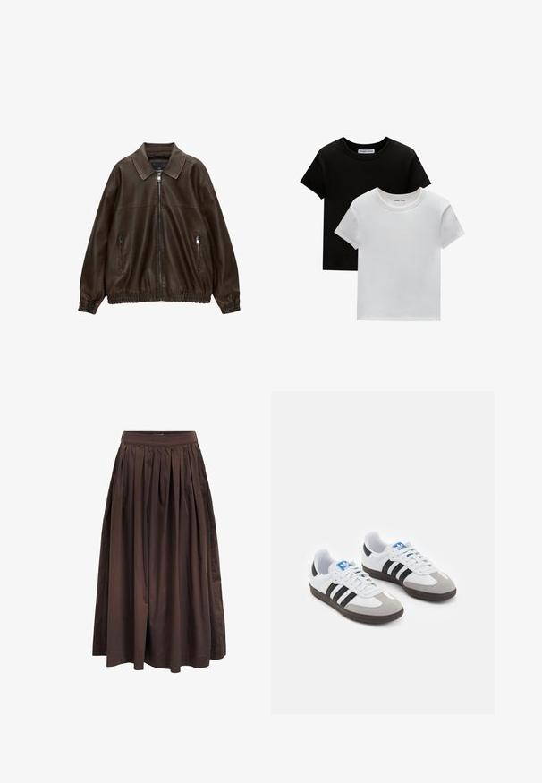 Blouson en cuir marron avec un col, deux poches zippées, une taille élastique et une finition texturée. Design doux et décontracté.; Deux t-shirts à col rond en noir et blanc, fabriqués en coton. Ils ont des manches courtes et un design uni sans motifs ni accents.; Jupe midi plissée marron avec taille haute, fabriquée en tissu lisse, présentant une silhouette ample et des poches latérales pour plus de fonctionnalité.; Baskets avec une tige en cuir blanc, un bout en daim gris et trois bandes noires. Présente un logo bleu sur la languette et une semelle en caoutchouc texturée.