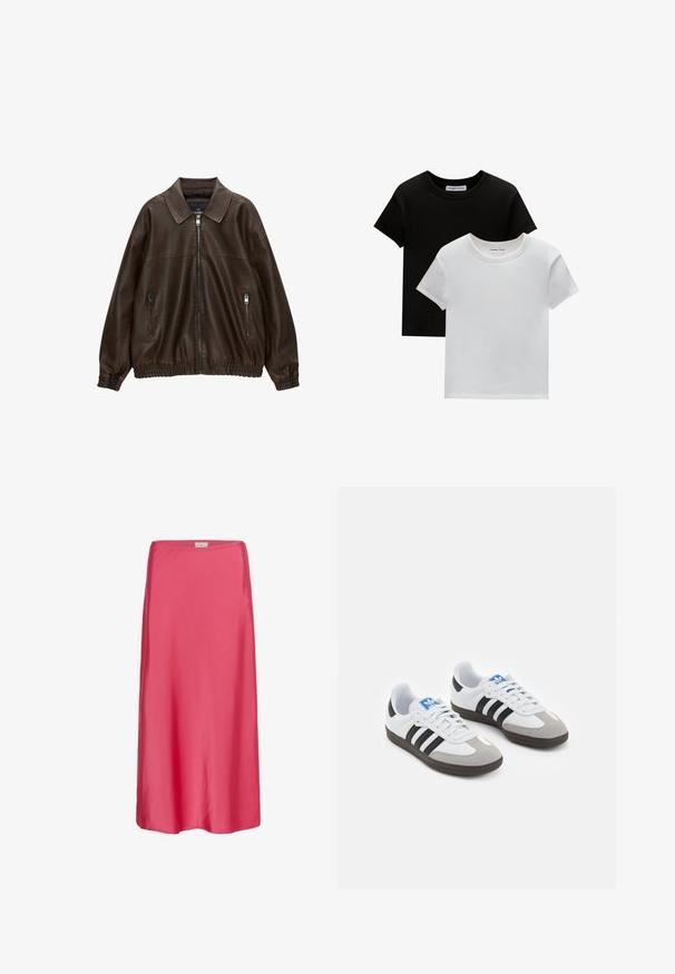 Brązowa skórzana kurtka pilotka z kołnierzowym dekoltem, dwoma zapinanymi na zamek kieszeniami, elastycznym pasem i teksturowanym wykończeniem. Miękki, swobodny design.; Dwie koszulki z okrągłym dekoltem w kolorze czarnym i białym, wykonane z bawełny. Posiadają krótkie rękawy i jednolity kolor bez wzorów czy akcentów.; Różowa satynowa spódnica midi o gładkiej fakturze, luźnym kroju i delikatnej elastycznej talii, zapewniająca zwiewny fason.; Buty sportowe z białą skórzaną cholewką, szarym zamszowym noskiem i trzema czarnymi paskami. Posiadają niebieskie logo na języku oraz teksturowaną gumową podeszwę.