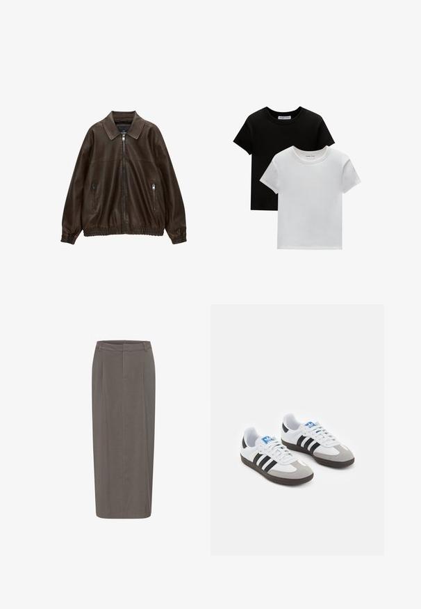 Brown leather bomber jacket with a collared neckline, two zippered pockets, elastic waistband, and textured finish. Soft, casual design.; Two crew-neck t-shirts in black and white, made of cotton. They feature short sleeves and a solid color design with no patterns or accents.; Gray pencil skirt with a straight silhouette, featuring front pleats, a waistband, and smooth texture. No visible fastenings or pockets.; Sport shoes with a white leather upper, gray suede toe, and three black stripes. Features a blue logo on the tongue and a textured rubber sole.
