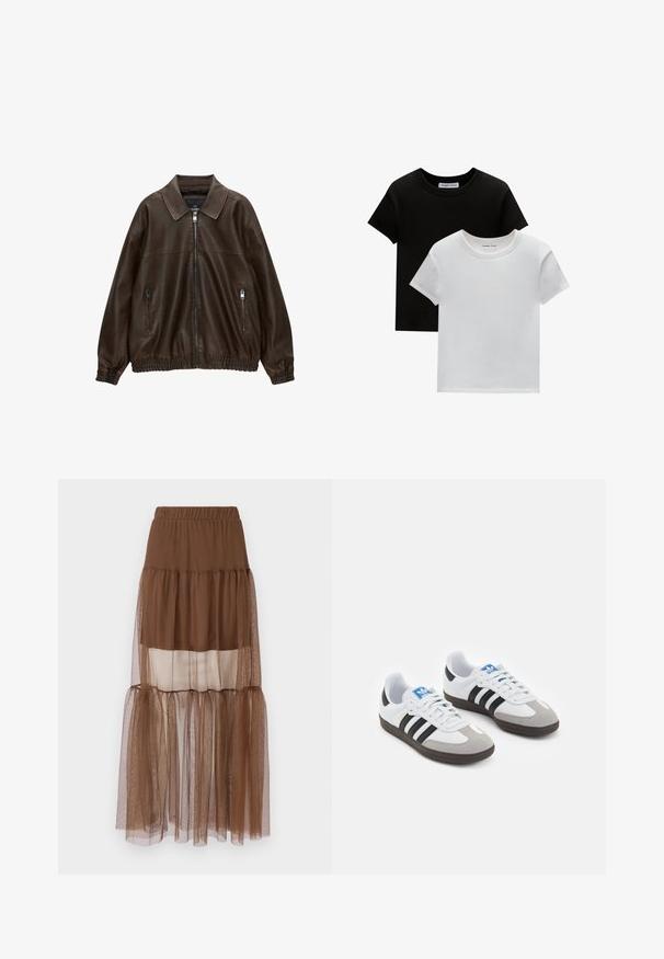 Brameno usnjeno bombersko jopico s ovratnikom, dvema žepoma na zadrgo, elastičnim pasom in teksturirano površino. Mehka, sproščena zasnova.; Dve majice s okruglim izrezom, crne in bele barve, narejene iz bombaža. Imajo kratke rokave in enobarven dizajn brez vzorcev ali dodatkov.; Rjava plisejska krila z elastičnim pasom, ki vključuje mešanico neprozornih in prosojnih plasti tkanine, kar ustvarja mehak, teksturiran videz.; Športni čevlji z belim usnjenim zgornjim delom, sivim semišem na prstih in tremi črnimi črtami. Imajo modro logo na jeziku in teksturiran gumijast podplat.