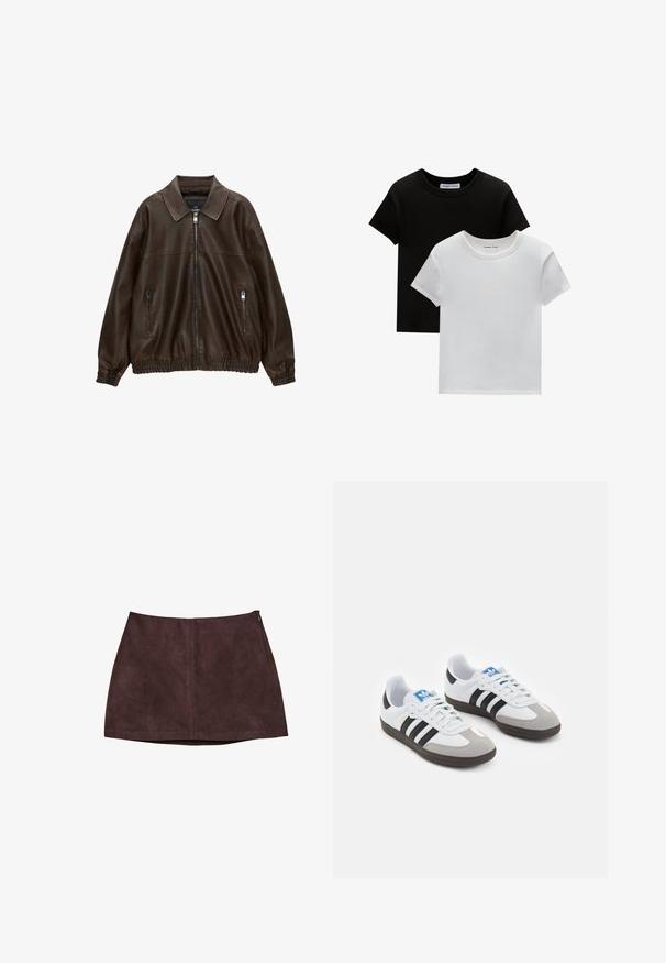 Braune Lederbomberjacke mit kragenartigem Hals, zwei Reißverschlusstaschen, elastischem Bund und strukturiertem Finish. Weiches, lässiges Design.; Zwei T-Shirts mit Rundhalsausschnitt in Schwarz und Weiß, aus Baumwolle. Sie haben kurze Ärmel und einfarbiges Design ohne Muster oder Akzente.; Dunkelbrauer Wildleder-Minirock mit Mittelnähten und seitlichem Reißverschluss, präsentiert auf einem weißen Hintergrund.; Sportschuhe mit einem Obermaterial aus weißem Leder, grauer Wildleder-Zehenkappe und drei schwarzen Streifen. Sie verfügen über ein blaues Logo auf der Zunge und eine strukturierte Gummisohle.