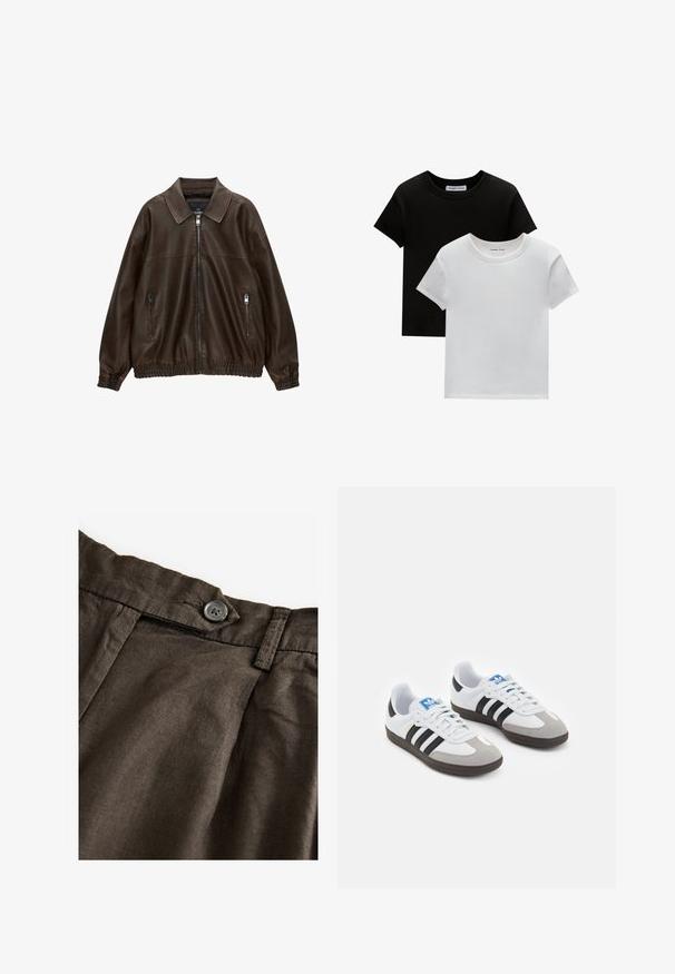 Brameno usnjeno bombersko jopico s ovratnikom, dvema žepoma na zadrgo, elastičnim pasom in teksturirano površino. Mehka, sproščena zasnova.; Dve majice s okruglim izrezom, crne in bele barve, narejene iz bombaža. Imajo kratke rokave in enobarven dizajn brez vzorcev ali dodatkov.; Rjave lanene hlače z gumbom, pregibi na sprednji strani in teksturirano tkanino. Pas je oblikovan s vidnimi šivi.; Športni čevlji z belim usnjenim zgornjim delom, sivim semišem na prstih in tremi črnimi črtami. Imajo modro logo na jeziku in teksturiran gumijast podplat.