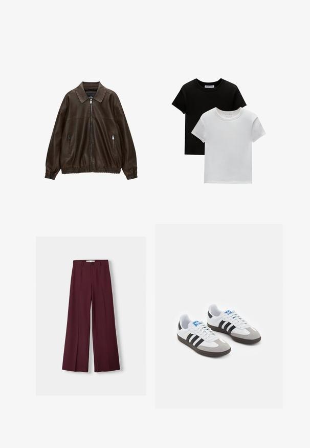 Hnědá kožená bomber bunda s límečkem, dvěma zipovými kapsami, elastickým pasem a texturovaným povrchem. Měkký, ležérní design.; Dvě trička s kulatým výstřihem v černé a bílé barvě, vyrobená z bavlny. Mají krátké rukávy a jednobarevný design bez vzorů nebo akcentů.; Bordové kalhoty s širokými nohavicemi vyrobené z hladké tkaniny, s předním zapínáním na knoflík a čistými záhyby pro vypasovaný vzhled.; Sportovní boty s bílým koženým svrškem, šedou semišovou špičkou a třemi černými pruhy. Obsahují modré logo na jazyku a texturovanou gumovou podrážku.