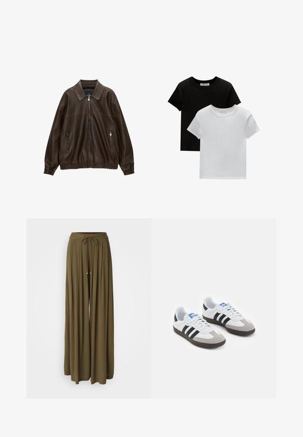 Bruin leren bomberjack met een kraag, twee ritssluitingen, elastische tailleband en een gestructureerde afwerking. Zacht, casual ontwerp.; Twee crew-neck t-shirts in zwart en wit, gemaakt van katoen. Ze hebben korte mouwen en een effen kleurontwerp zonder patronen of accenten.; ONLY ONLCHIARA PANTS - Broek - khaki; Sportschoenen met een witte leren bovenkant, grijze suède neus en drie zwarte strepen. Bevat een blauw logo op de tong en een gestructureerde rubberen zool.