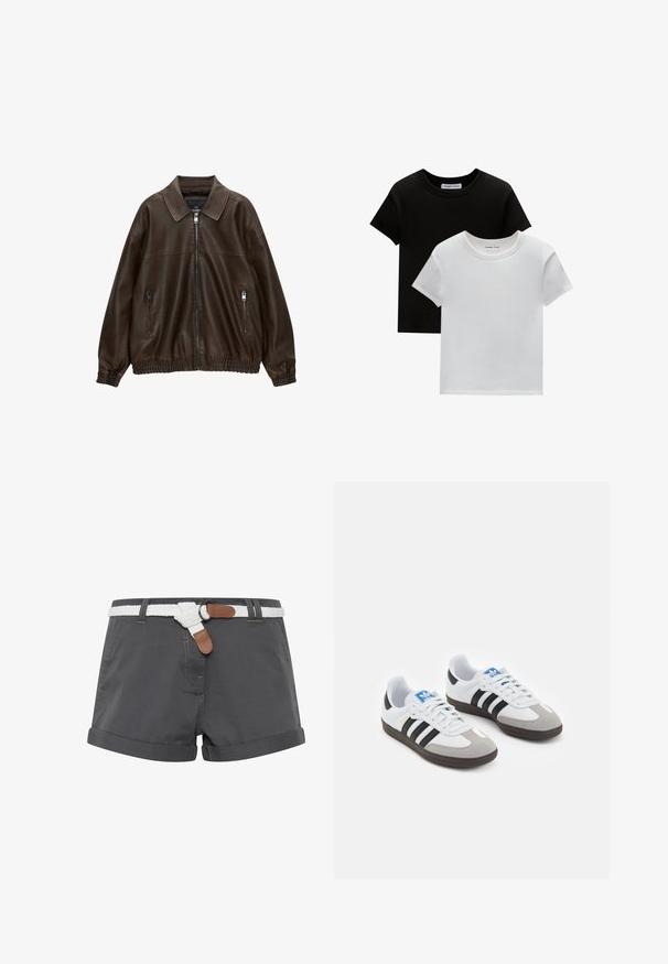 Brameno usnjeno bombersko jopico s ovratnikom, dvema žepoma na zadrgo, elastičnim pasom in teksturirano površino. Mehka, sproščena zasnova.; Dve majice s okruglim izrezom, crne in bele barve, narejene iz bombaža. Imajo kratke rokave in enobarven dizajn brez vzorcev ali dodatkov.; Sivi bombažni šortsi z zavihki, oblečeni z belim pletenim pasom in rjavimi usnjenimi detajli. Vidne šive na tkanini.; Športni čevlji z belim usnjenim zgornjim delom, sivim semišem na prstih in tremi črnimi črtami. Imajo modro logo na jeziku in teksturiran gumijast podplat.