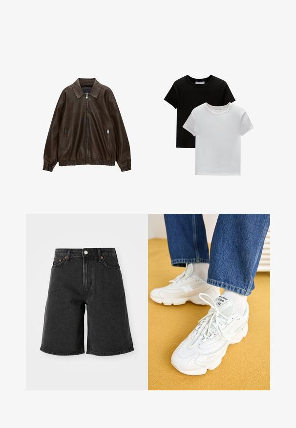 Ruskea nahkainen bomber-takki, jossa on kauluksellinen kaula-aukko, kaksi vetoketjullista taskua, elastinen vyötärö ja tekstuuri viimeistely. Pehmeä, rento muotoilu.; Kaksi crew-neck t-paitaa mustana ja valkoisena, valmistettu puuvillasta. Ne sisältävät lyhyet hihat ja yksivärisen muotoilun ilman kuvioita tai korostuksia.; Mustat farkkushortsit korkealla vyötäröllä, joissa on viisi taskua, kuparin niittejä ja tumman pesun rakenne. Suora lahje ja siisti helma.; Valkoiset New Balance 1000 -tennarit, joissa on verkko- ja nahkamateriaaleja, pyöreä kärki, teksturoitu muotoilu ja nauhakiinnitys. Yhdistetty sinisiin farkkuihin.