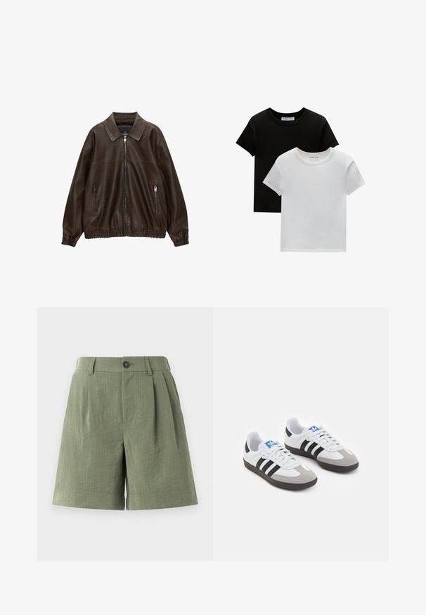 Braune Lederbomberjacke mit kragenartigem Hals, zwei Reißverschlusstaschen, elastischem Bund und strukturiertem Finish. Weiches, lässiges Design.; Zwei T-Shirts mit Rundhalsausschnitt in Schwarz und Weiß, aus Baumwolle. Sie haben kurze Ärmel und einfarbiges Design ohne Muster oder Akzente.; Grüne, gefaltete Shorts aus strukturiertem Stoff. Verfügt über einen Knopfverschluss und einen geraden Saum, mit einer taillierten Passform.; Sportschuhe mit einem Obermaterial aus weißem Leder, grauer Wildleder-Zehenkappe und drei schwarzen Streifen. Sie verfügen über ein blaues Logo auf der Zunge und eine strukturierte Gummisohle.