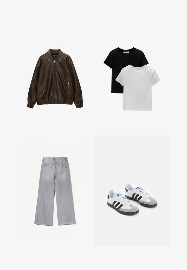 Brun läderbomberjacka med krage, två dragkedjefickor, elastisk midja och texturerad finish. Mjuk, avslappnad design.; Två crew-neck t-shirts i svart och vitt, tillverkade av bomull. De har korta ärmar och ett enfärgat mönster utan mönster eller accentuerade detaljer.; Bershka WIDE-LEG - Wide leg - grey; Sportskor med överdel i vit läder, grå mocka på tårna och tre svarta ränder. Har en blå logotyp på tungan och en texturerad gummisula.