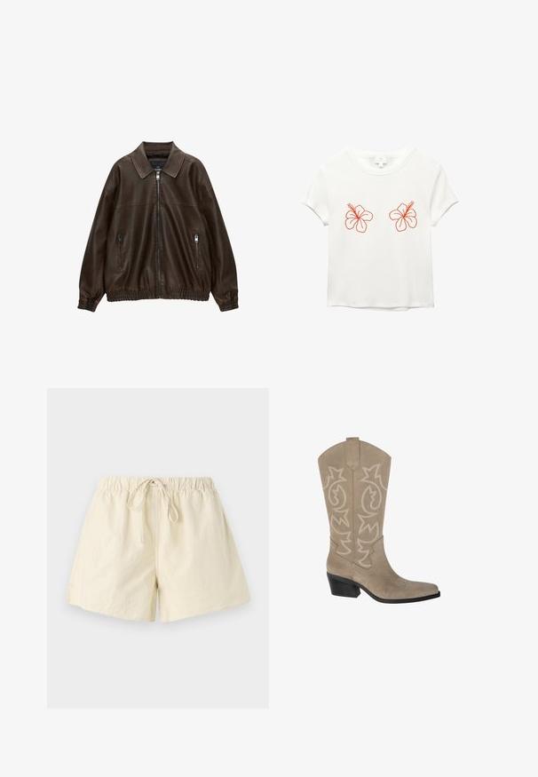 Brameno usnjeno bombersko jopico s ovratnikom, dvema žepoma na zadrgo, elastičnim pasom in teksturirano površino. Mehka, sproščena zasnova.; Bela kratka majica s kratkimi rokavi, ki na sprednji strani prikazuje dva vezeninasta cveta hibiskusa v oranžni barvi. Mehka tkanina z udobnim krojem in okruglim izrezom.; Bež šorts z elastičnim pasom in vrvico za zavezovanje, ki ima sproščen kroj in gladko teksturo. Brez vidnih žepov ali vzorcev.; PULL&BEAR Škornji v kavbojskem/motorističnem slogu - taupe